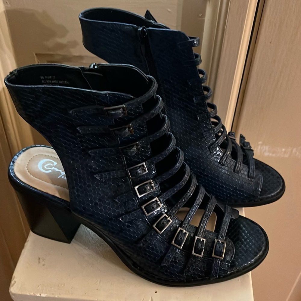 Open toe booties, blue/black size 9.  New, never worn!